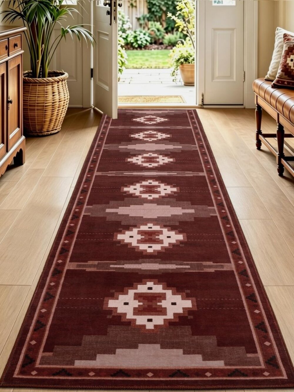 2‘x8' Washable Western Red Aztec Runner Rug for Hallway